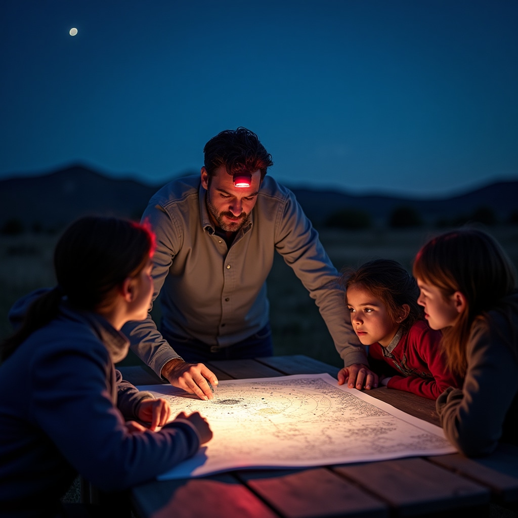 Instructor señalando constelaciones en un mapa estelar durante una clase nocturna al aire libre