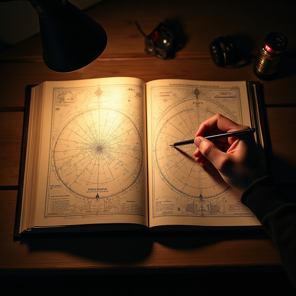 Estudiante examinando un mapa estelar detallado con las principales constelaciones marcadas sobre fondo oscuro