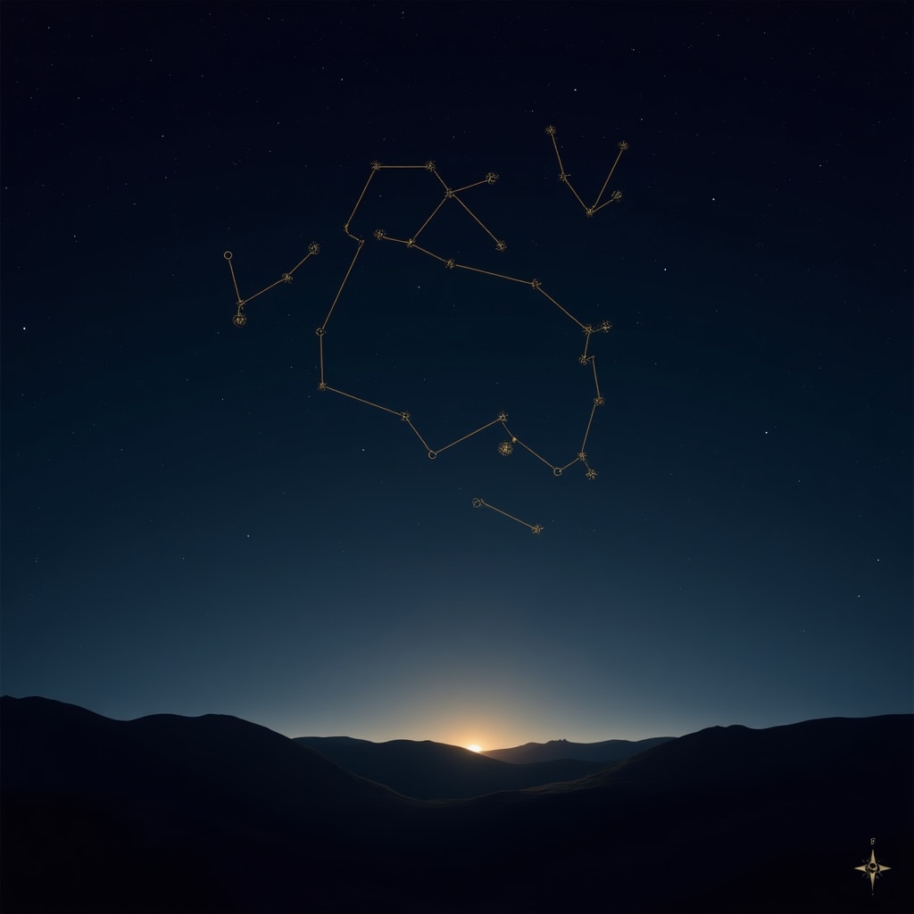 Mapa estelar con las principales constelaciones de referencia conectadas por líneas de orientación sobre fondo de cielo nocturno