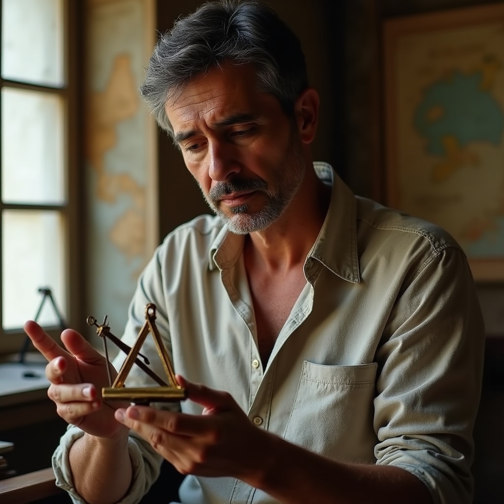 Marcos Delgado, especialista en navegación tradicional y constelaciones de referencia, sosteniendo un astrolabio