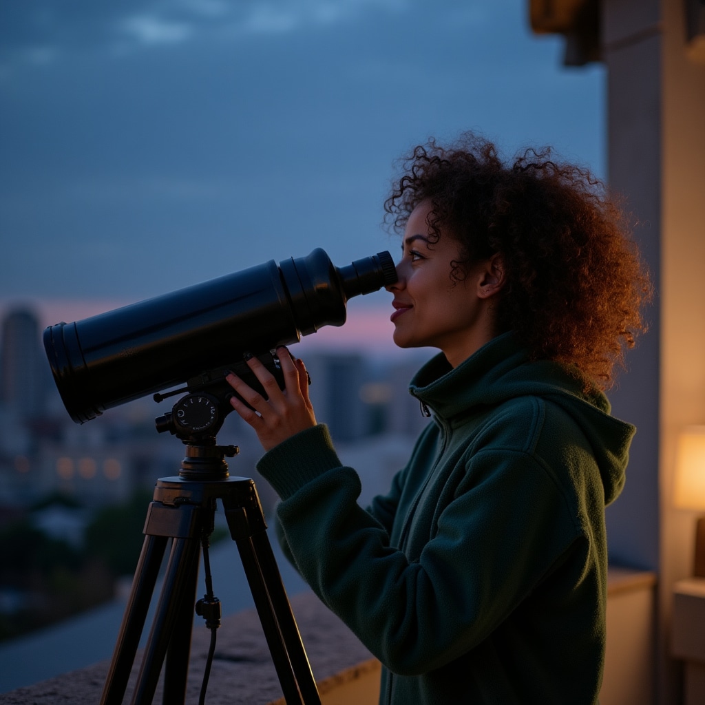 Sofía Ruiz, astrónoma aficionada y educadora, observando planetas con telescopio portátil bajo cielo nocturno despejado