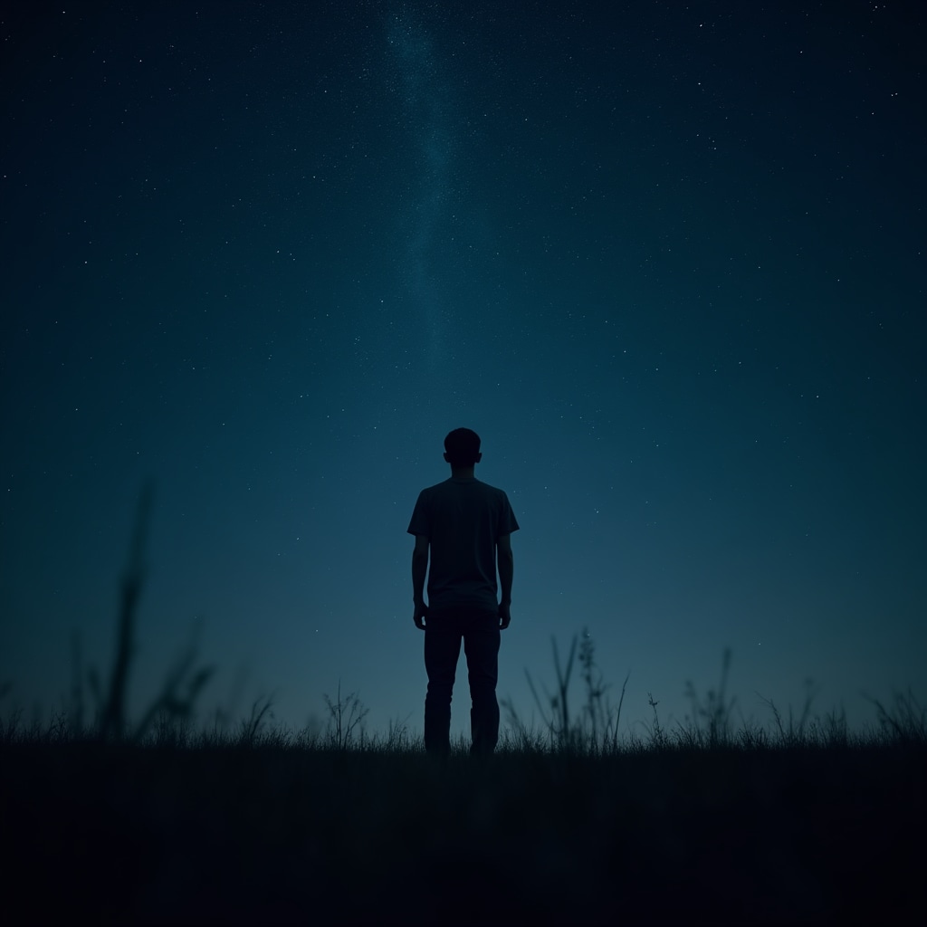 Persona mirando el cielo nocturno sin orientación, desorientada en la oscuridad
