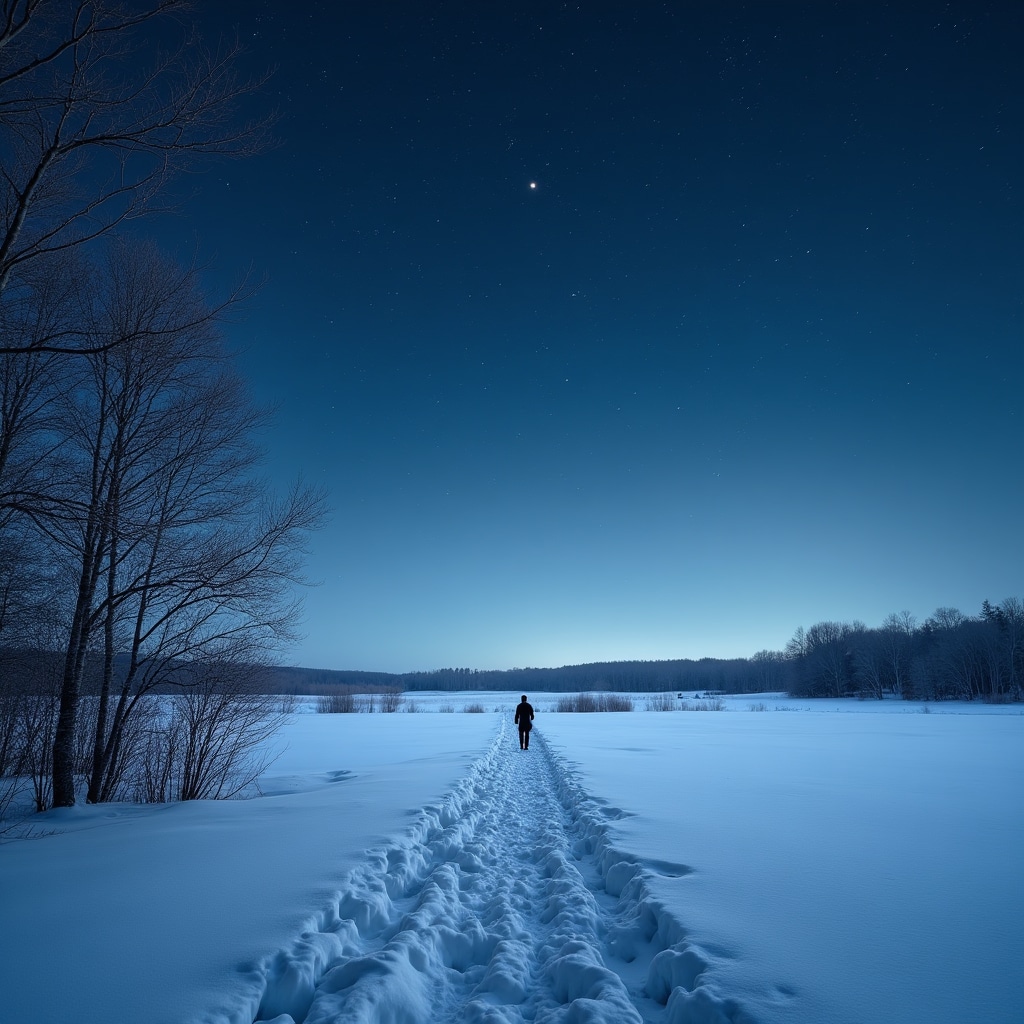 Paisaje invernal nocturno con Orión claramente visible en el cielo, nieve en primer plano y cielo oscuro sin contaminación lumínica