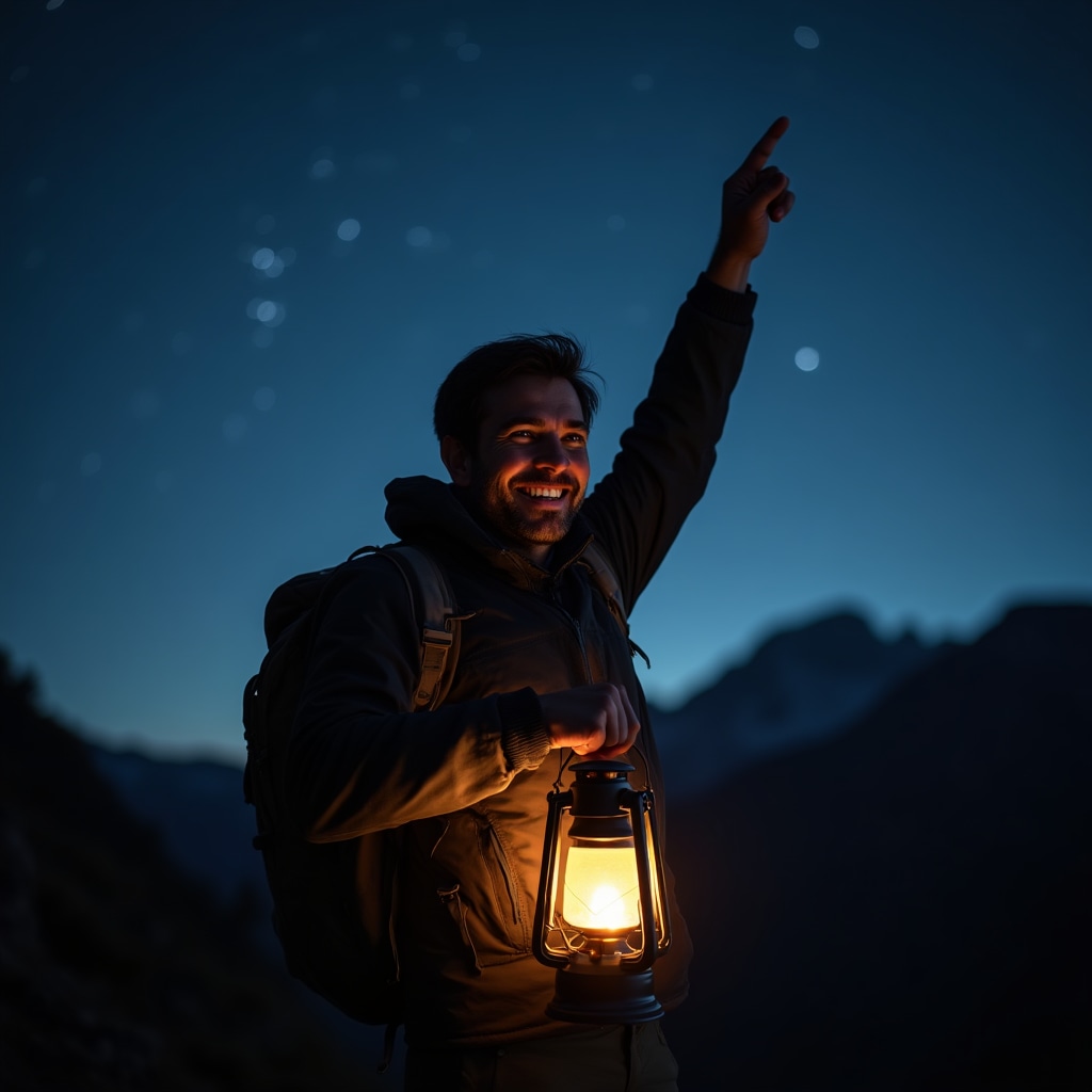 Persona orientándose con confianza bajo un cielo estrellado claro, señalando la Estrella Polar