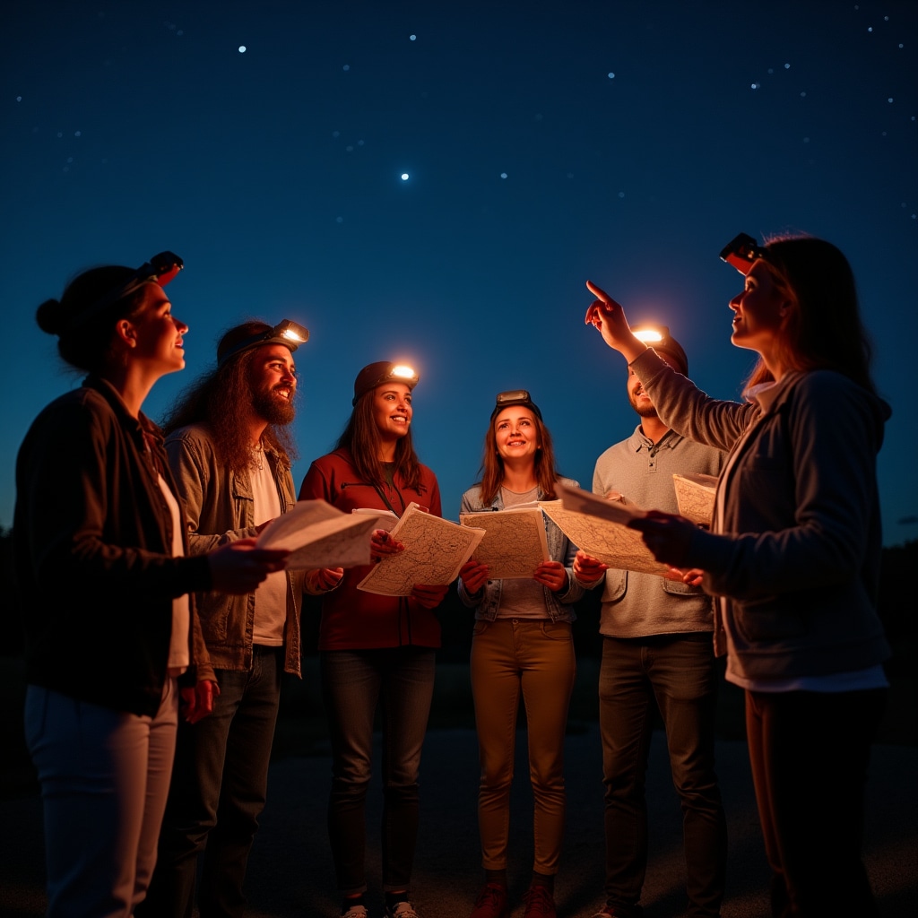 Grupo de estudiantes en sesión nocturna al aire libre, observando el cielo con mapas estelares bajo luz roja de preservación